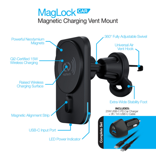Naztech MagLock CAR 15W Magnetic Wireless Fast Charging Vent Mount